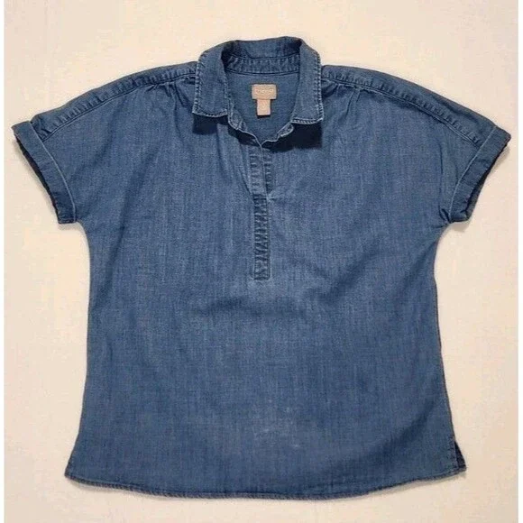 Chicos Denim Tunic Short Sleeve Size 1 Medium Blue Collared - Picture 1 of 8